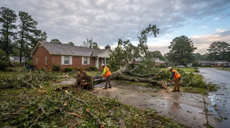 Crew in safety gear cutting up an uprooted oak lying across a yard and driveway after a storm