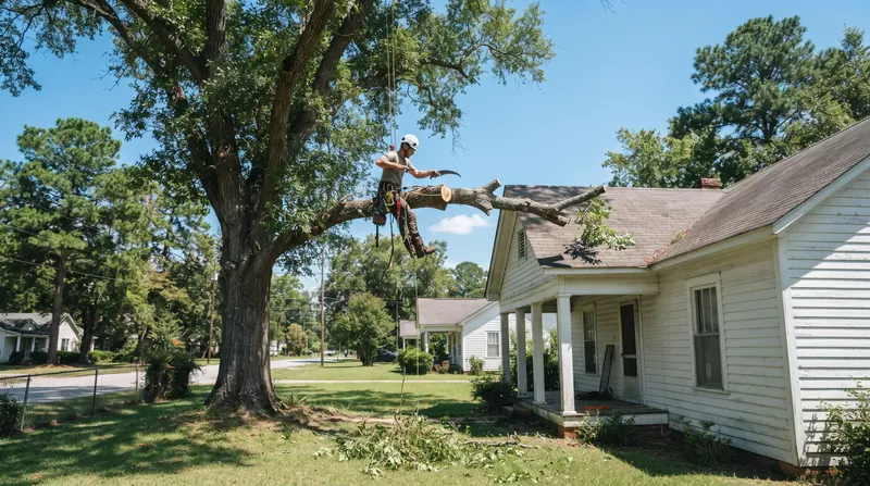 Arborist roped into an oak cutting back a limb that hangs over the roof of a white house